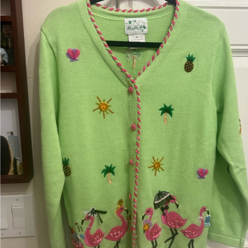 The Quacker Factory Cardigan Sweater Womens Size XSmall Knit Flamingo Artsy